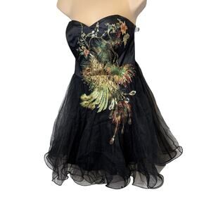 Chi Chi London Black‎ Peacock Embroidered Strapless Dress Tulle Cocktail US 12